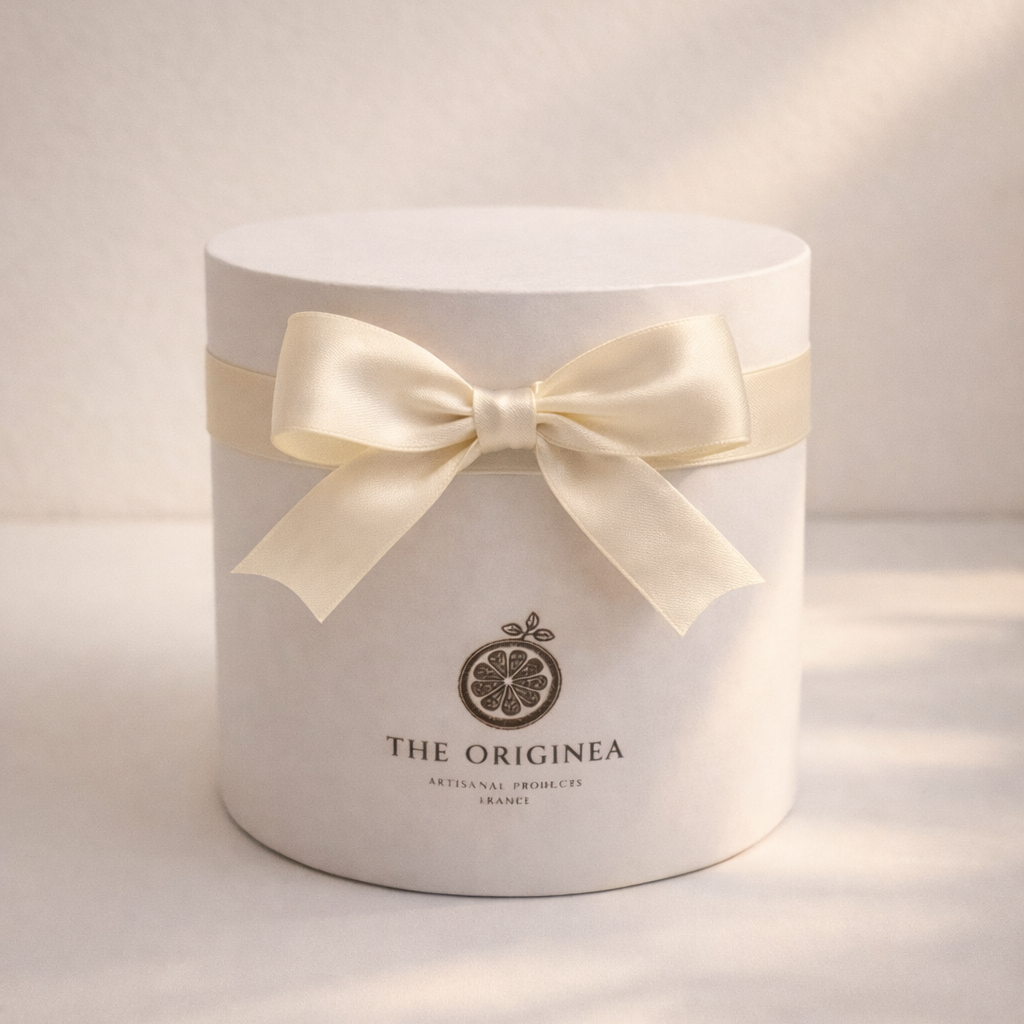 Boite cadeau ronde The Originea fermee avec couvercle blanc et noeud en satin creme, packaging artisanal elegant sur fond beige clair