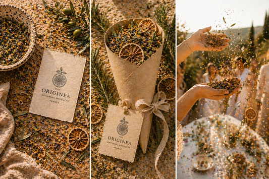 Confettis Mariage Méditerranéens The Originea — Détail gros plan mélange artisanal feuilles d'olivier, calendula et tranches d'agrumes séchés, 100% naturel et biodégradable