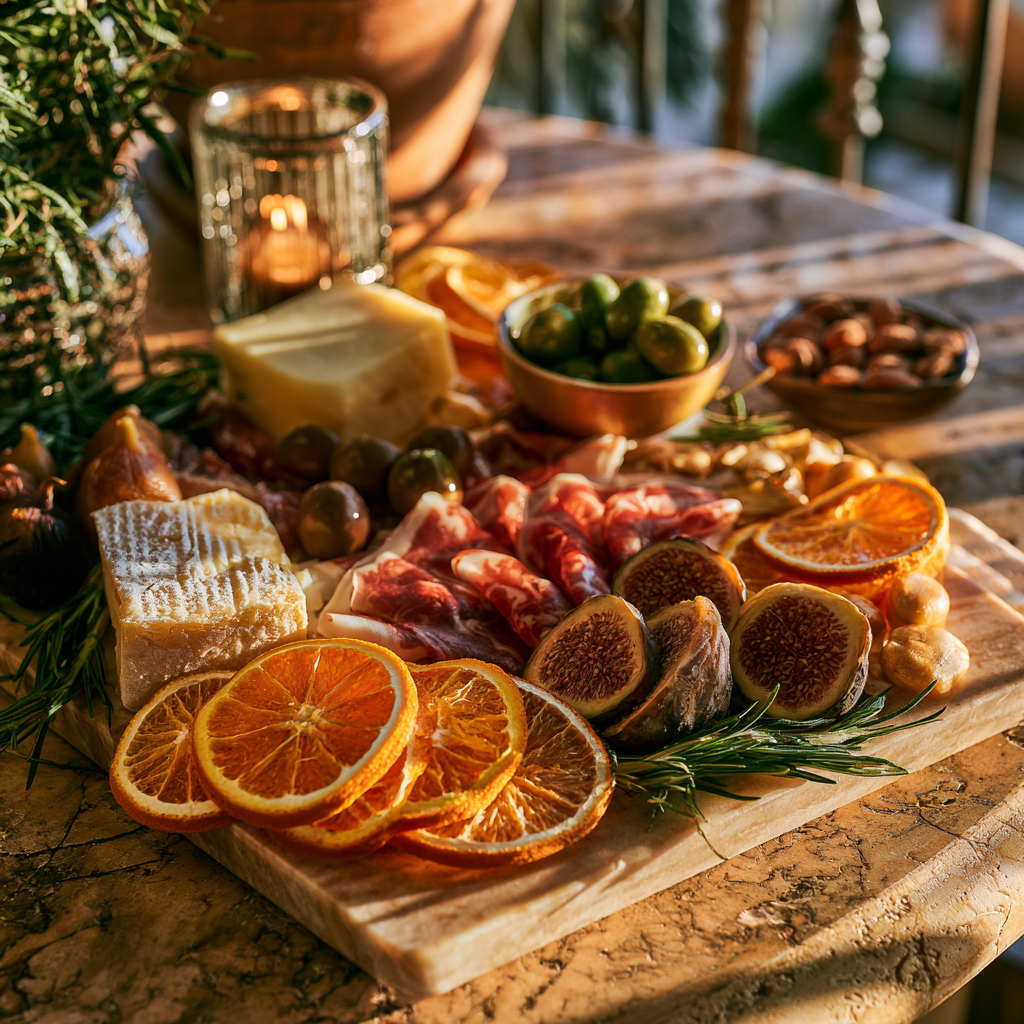 Planche charcuterie fromages méditerranéenne avec mini tranches d'orange séchées, figues et olives | The Originea