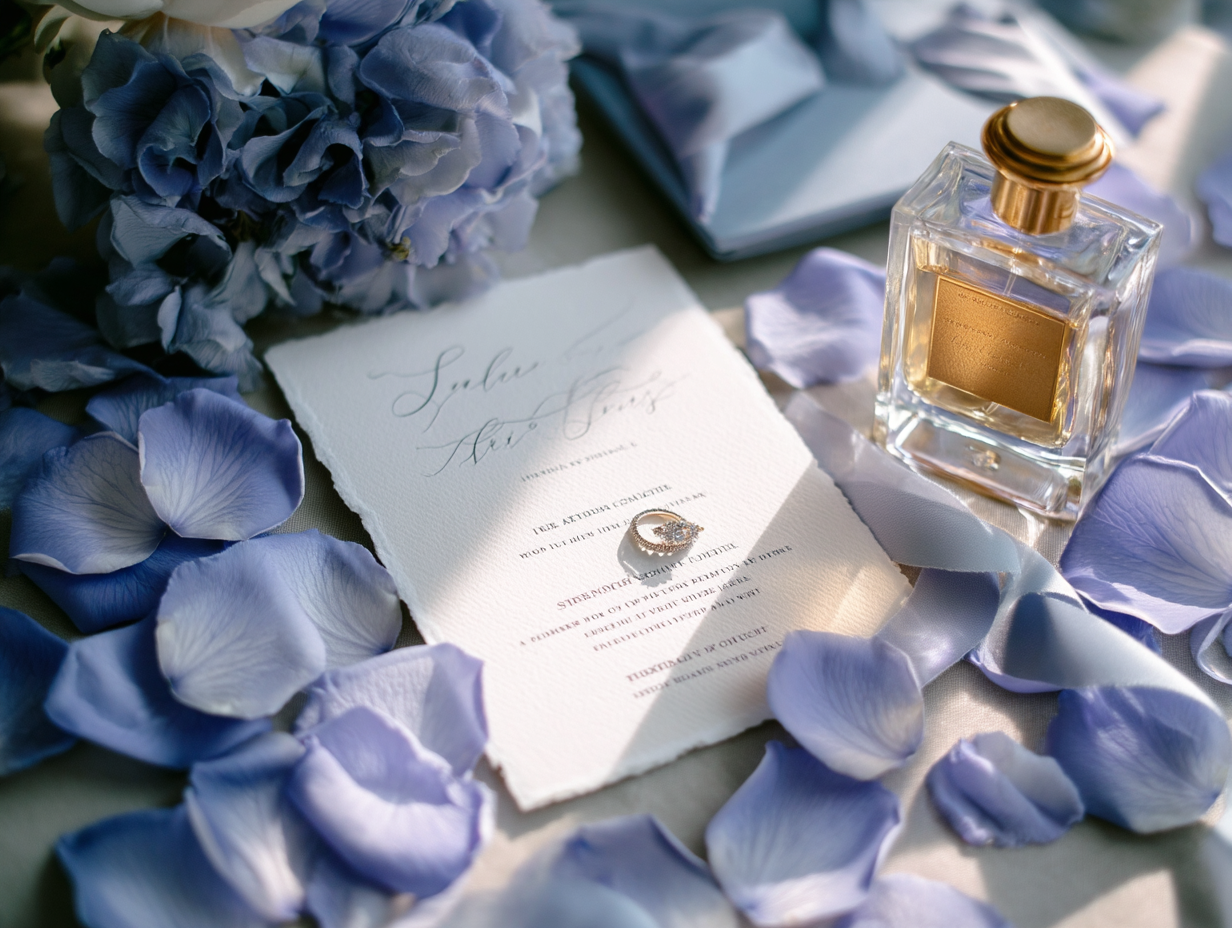 Pétales de rose bleu violet conservés en flat-lay avec invitation calligraphiée, parfum et bague de mariage | The Originea
