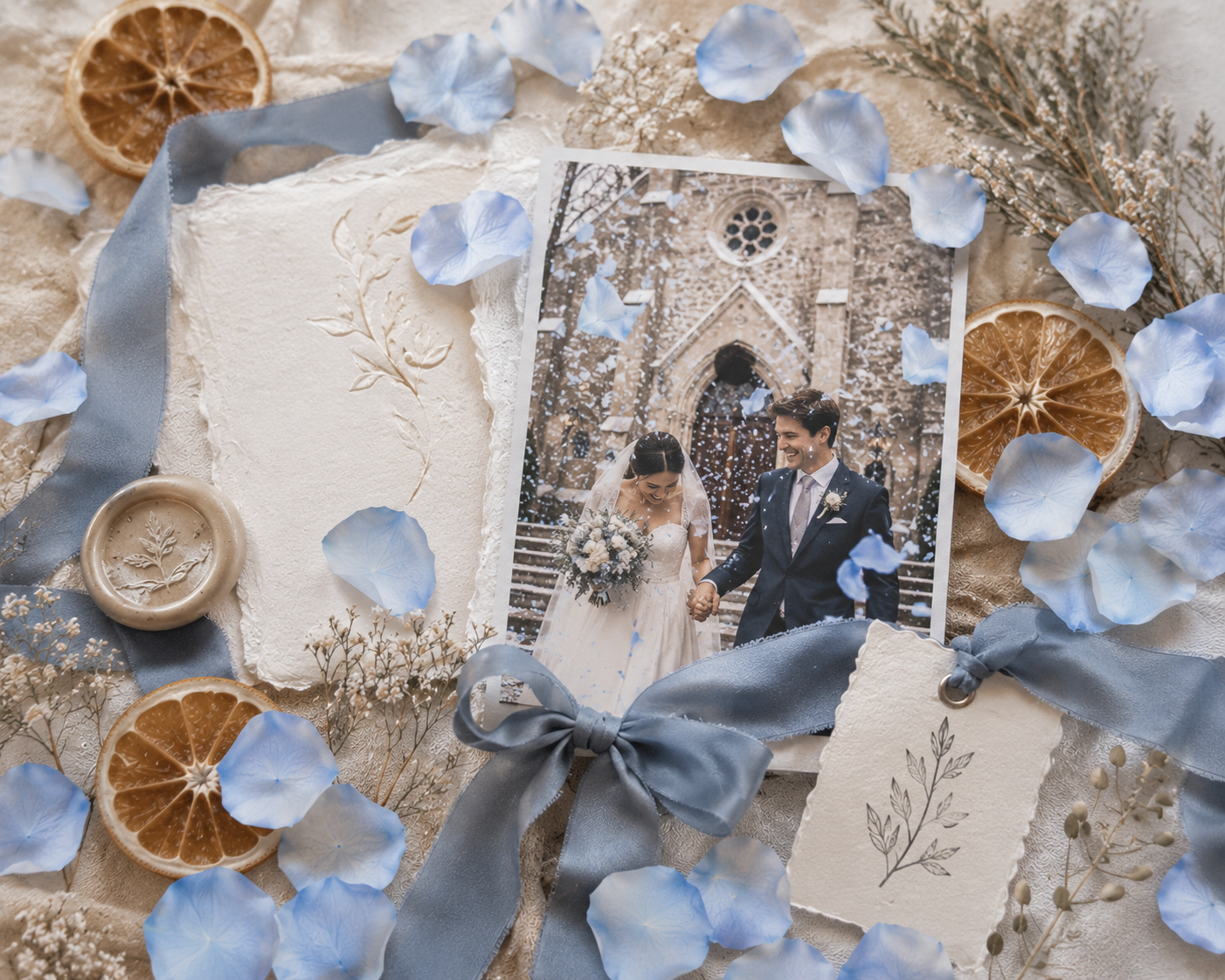 Composition stylée : photo de mariage, pétales de rose bleue séchés, ruban et agrumes — The Originea