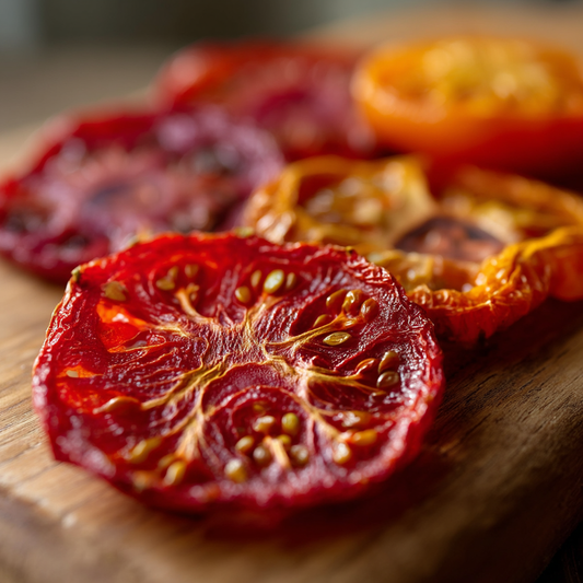 Tomates séchées colorées de la Drôme — gros plan macro sur la texture | The Originea