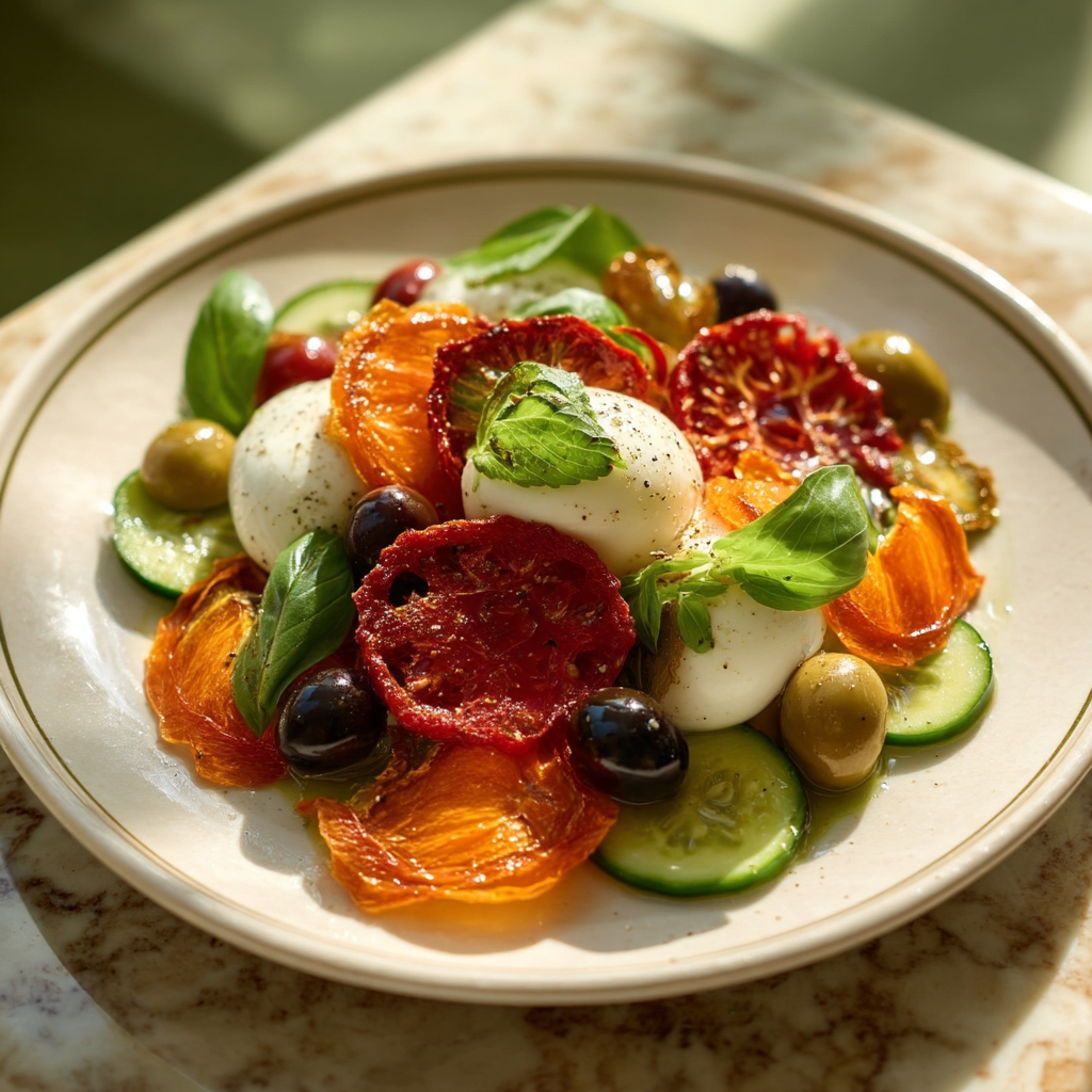 Salade méditerranéenne avec tomates séchées colorées, mozzarella et olives | The Originea
