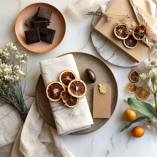 Table de Paques decoree de tranches d'oranges sanguines sechees et de chocolat artisanal — The Originea