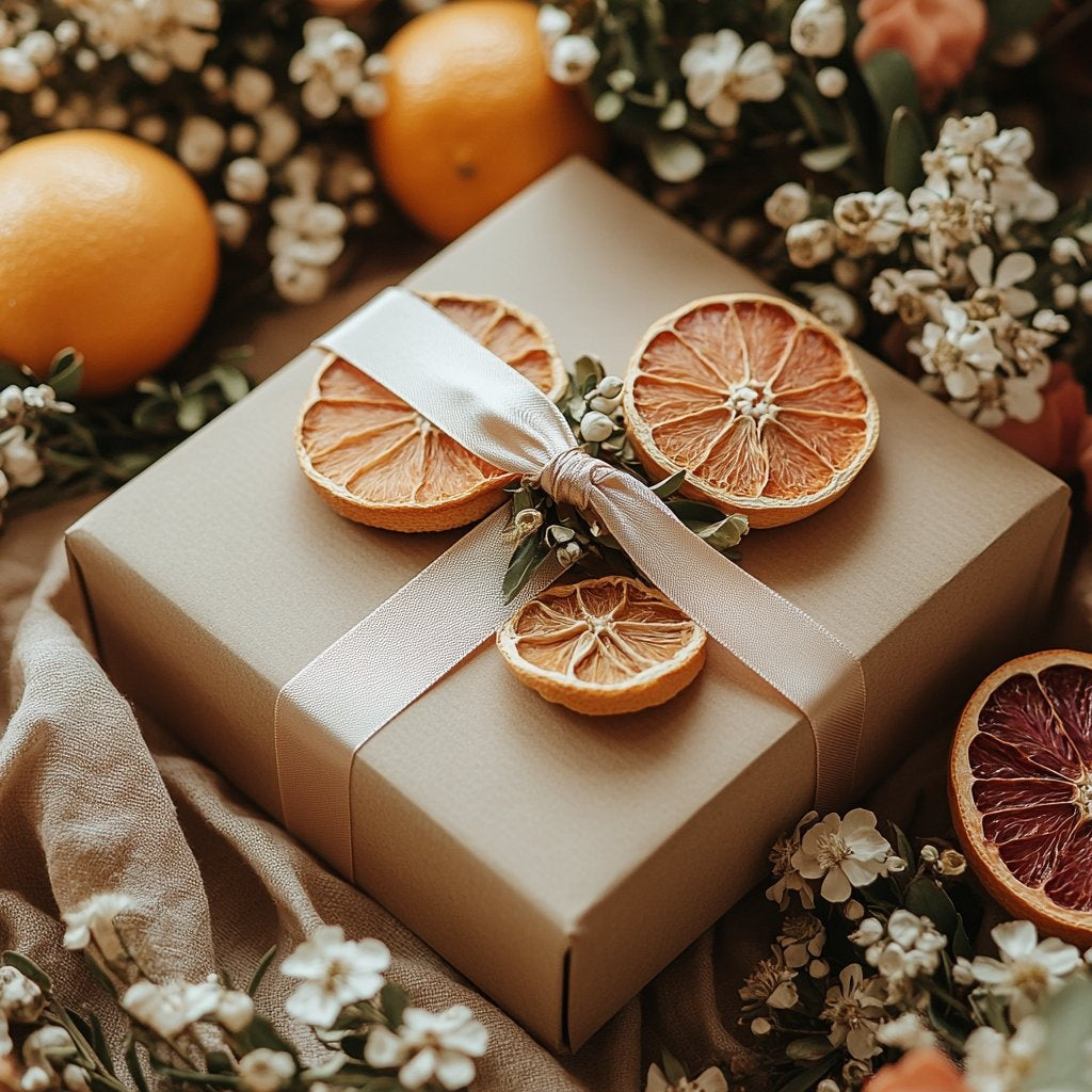 Luxury artisan gift box wrapped in kraft paper with a satin ribbon, decorated with dehydrated citrus slices and dried botanicals, surrounded by fresh oranges, blood oranges and white spring blossoms on a linen cloth