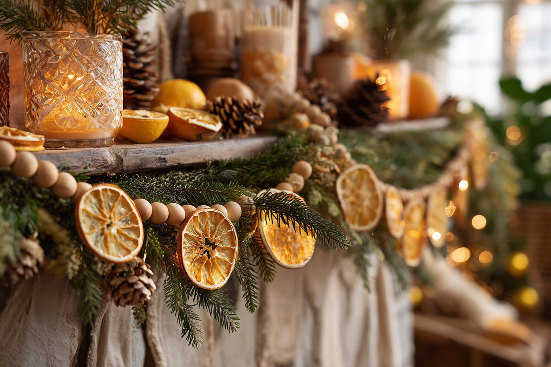 Guirlande de tranches d'orange séchées et perles de bois sur une cheminée de Noël | The Originea