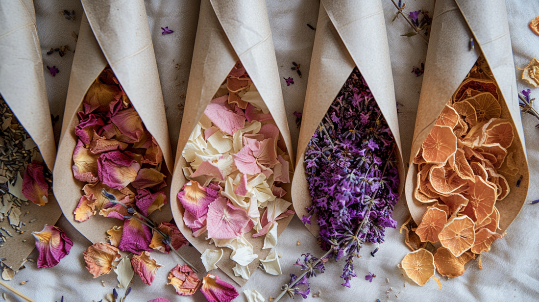 Confettis de mariage biodégradables — pétales d'hortensia, lavande AOP et calendula séchés en cornets kraft | The Originea