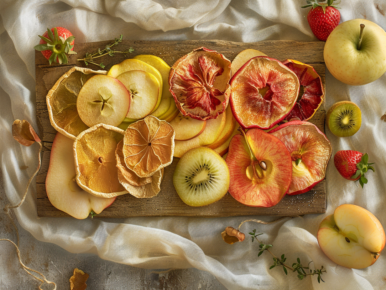 Artisanal dried fruit slices — dehydrated apples, pears and kiwi on a rustic wooden board | The Originea