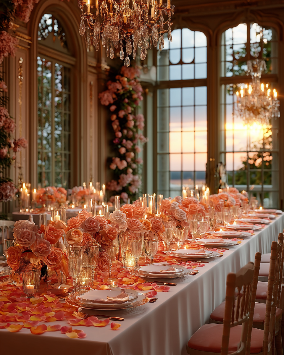 Réception de mariage de château au printemps décorée de pétales de rose lavande — table élégante et compositions florales