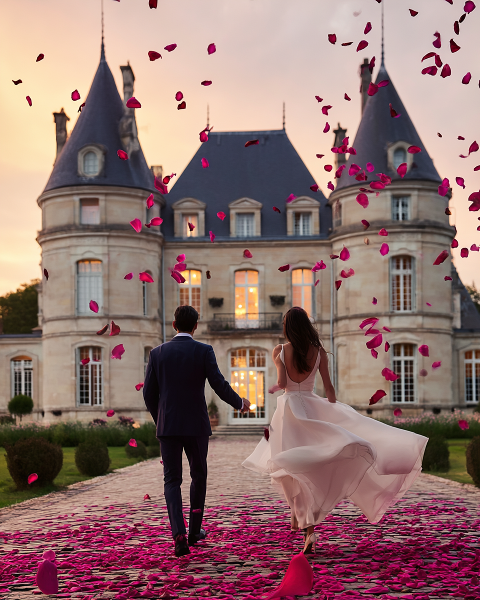 Couple de mariés devant un château sous une pluie de pétales de rose magenta au coucher du soleil | The Originea