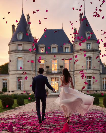 Couple de mariés devant un château sous une pluie de pétales de rose magenta au coucher du soleil | The Originea