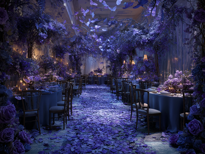 Célébration jardin enchanté décorée de pétales de rose lilas — allée fleurie et papillons, mariage féerique