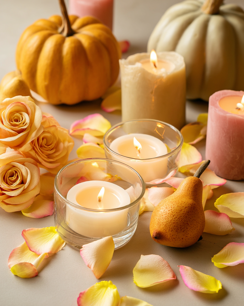 Pétales de rose jaune-rose avec bougies, roses pêche et citrouilles — décoration automne chic | The Originea