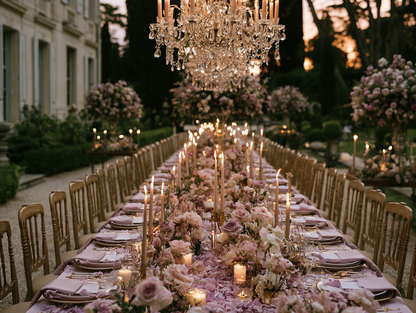 Longue table de réception de mariage de château au crépuscule, chemin de pétales de rose lavande et bougies
