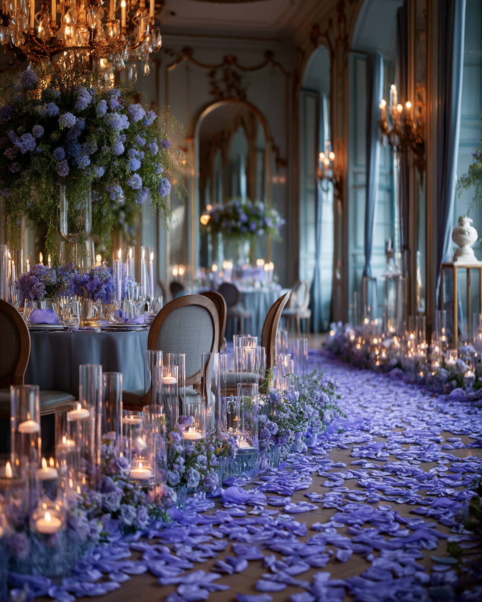 Réception de mariage de château décorée de pétales de rose lilas — chemin de pétales, bougies et candélabres
