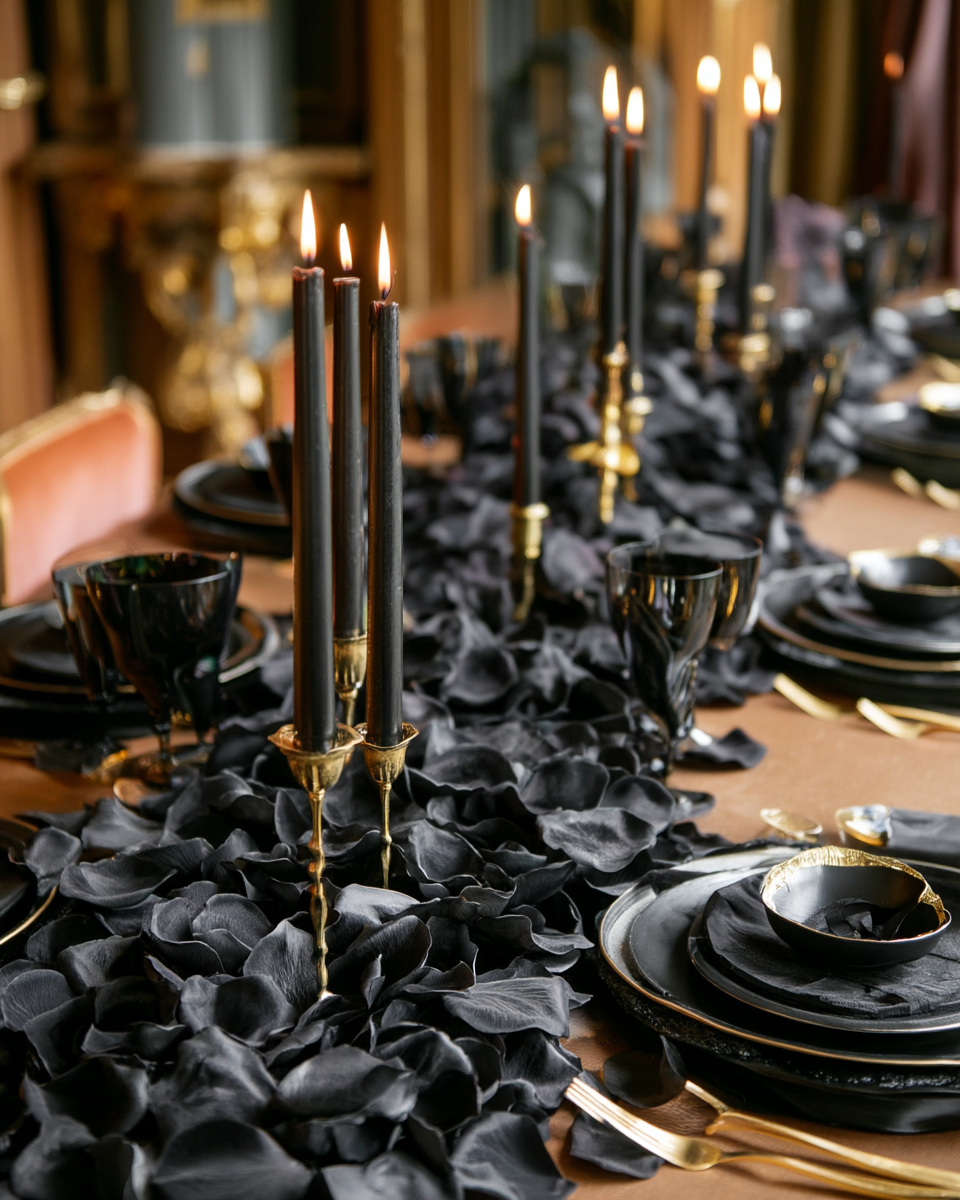 Pétales de rose noir conservés en coupelle avec citrouilles blanches et bougies — décoration automne chic | The Originea
