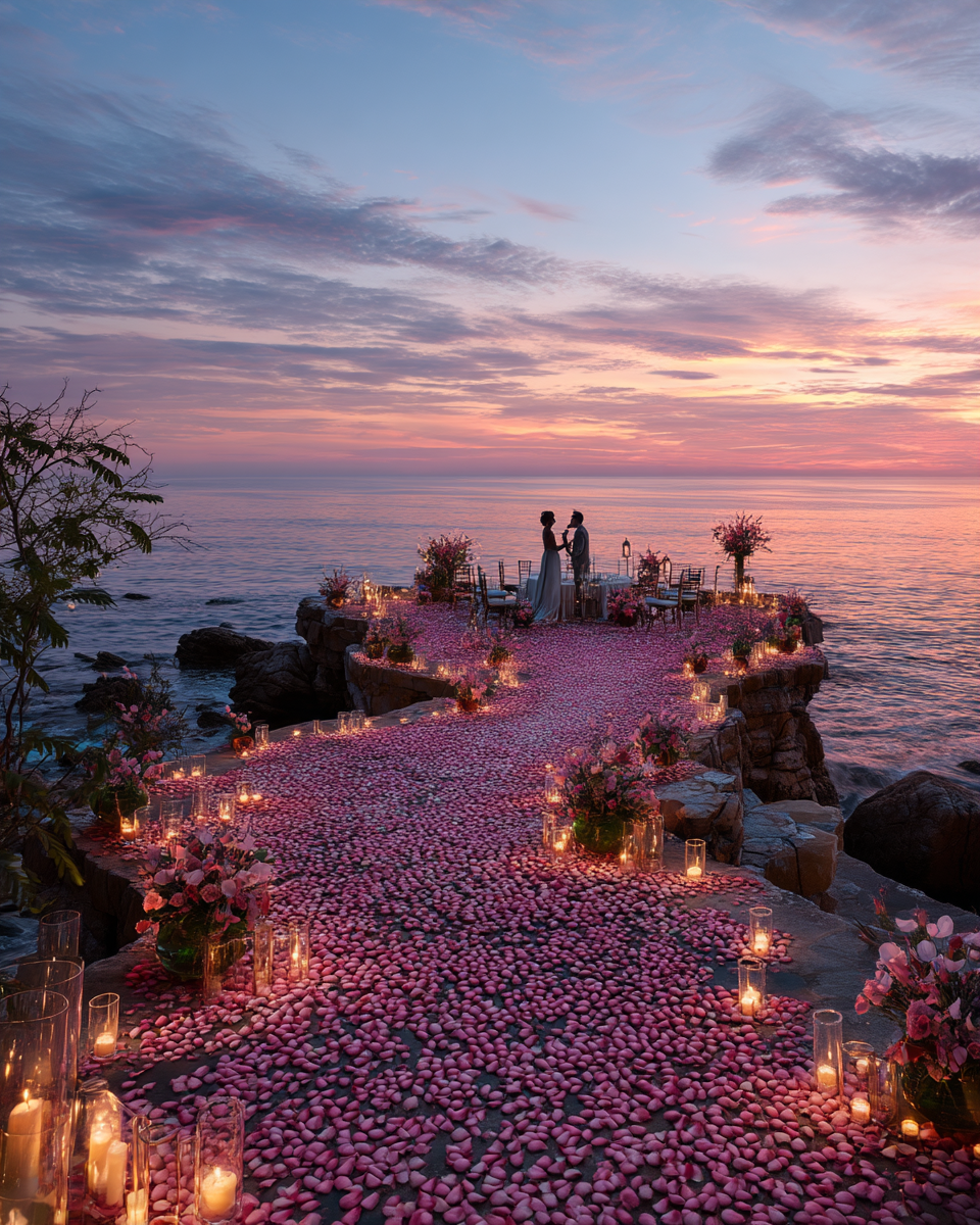 Demande en mariage au coucher du soleil — chemin de pétales de rose rose pourpre au bord de mer avec bougies