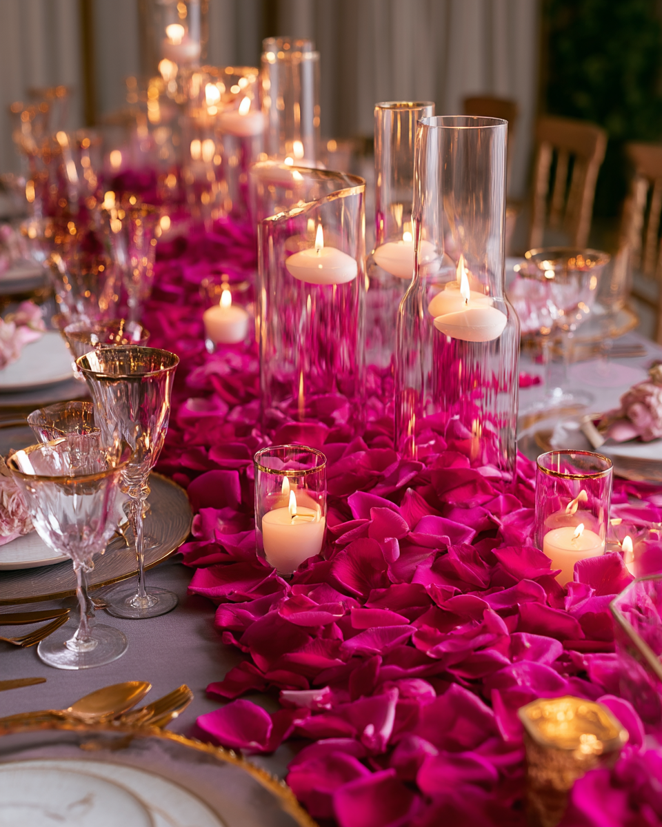 Table de mariage décorée d'un chemin de pétales de rose magenta, bougies flottantes et cristal doré | The Originea