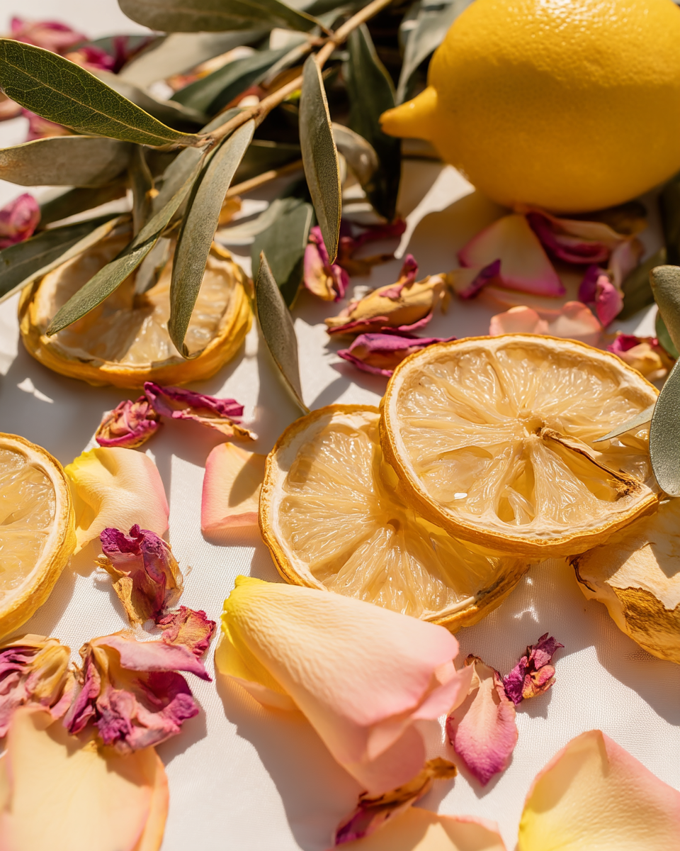 Flatlay méditerranéen — pétales de rose jaune-rose, tranches de citron séché et olivier | The Originea