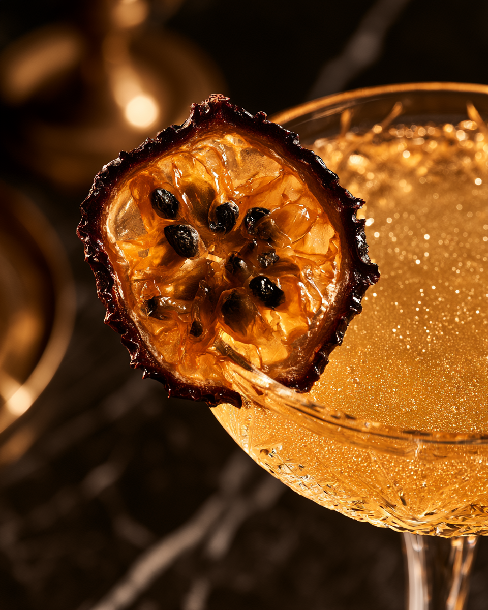 Gros plan sur une tranche de fruit de la passion séché aux graines croquantes en garniture de cocktail | The Originea