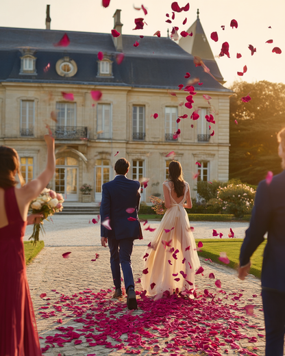 Lancer de pétales de rose magenta par les invités à la sortie des mariés devant un château | The Originea