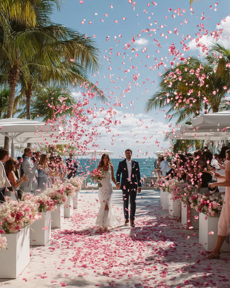 Sortie des mariés sous une pluie de pétales de rose rose pourpre — mariage tropical bord de mer palmiers