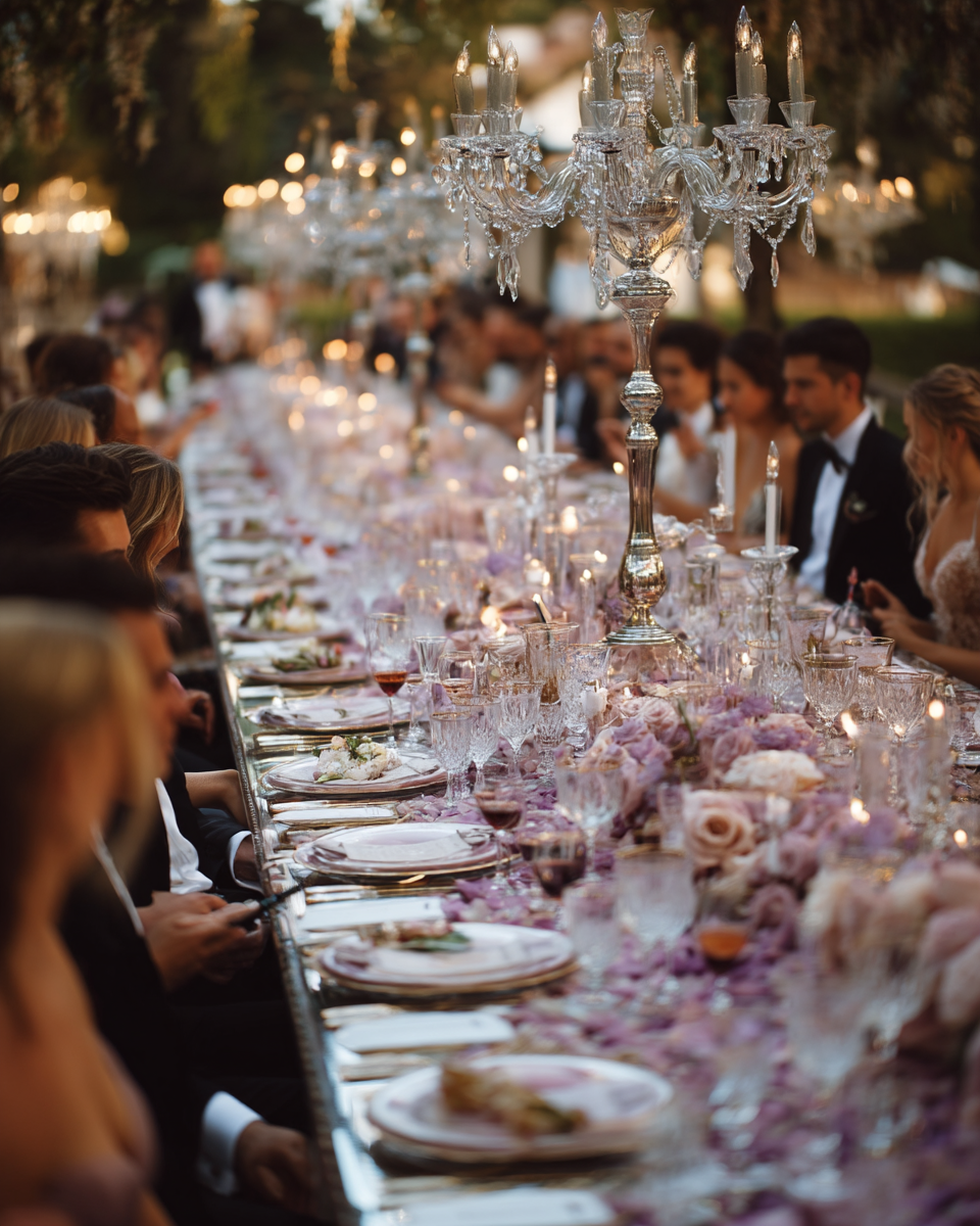 Réception de mariage chic décorée de pétales de rose lavande — candélabres en cristal et table dressée