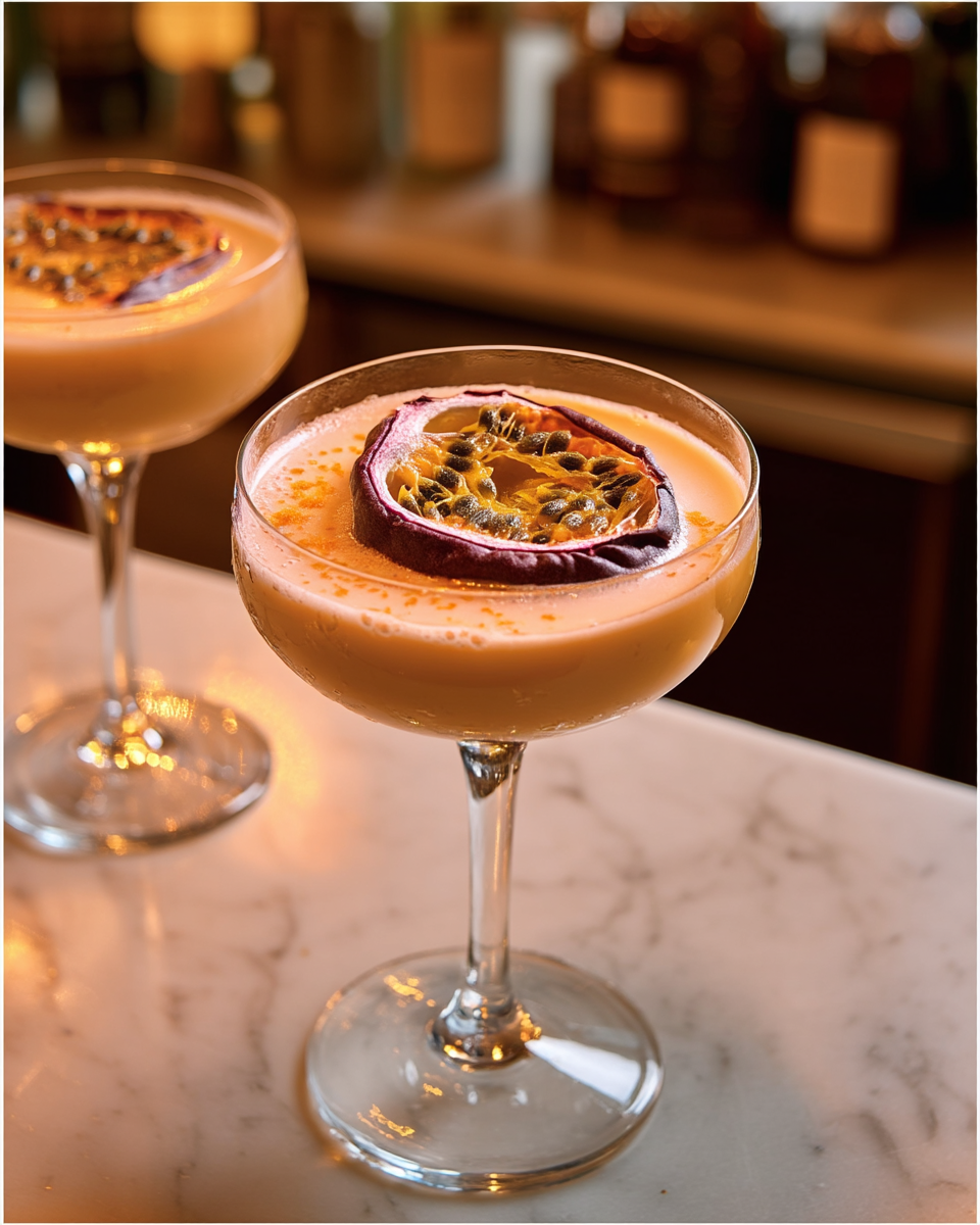 Coupe de cocktail exotique décorée de maracuja séché — mixologie de bar | The Originea
