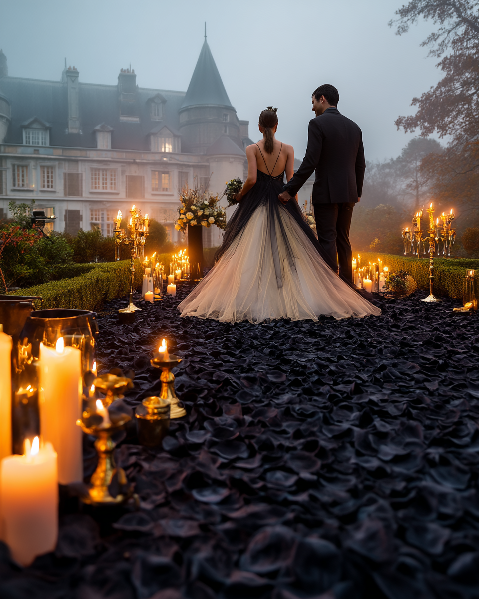 Couple de mariés devant un château dans la brume sur un tapis de pétales de rose noir et bougies | The Originea