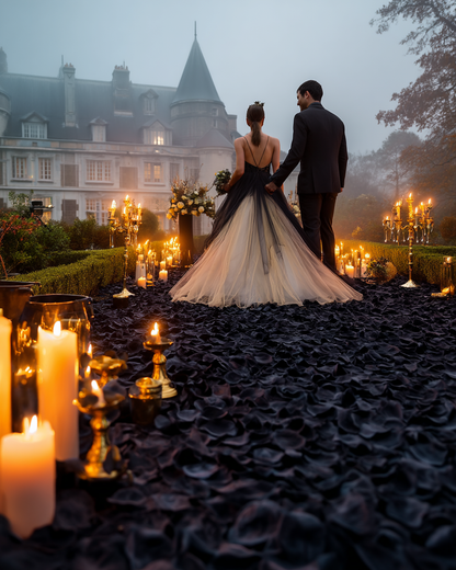 Couple de mariés devant un château dans la brume sur un tapis de pétales de rose noir et bougies | The Originea