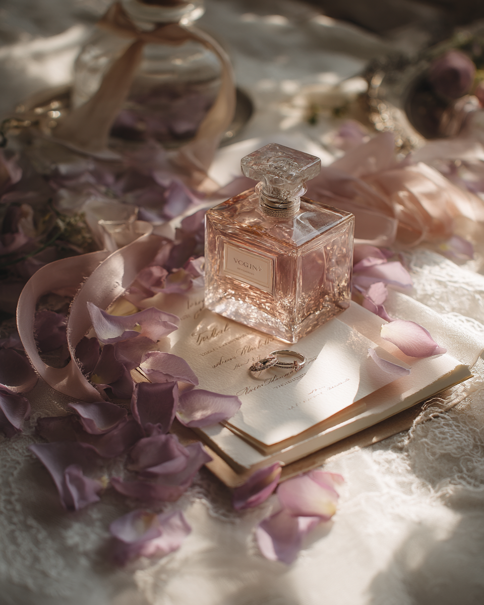 Scène d'inspiration mariage romantique avec pétales de rose lavande — bougies en cristal et roses mauves