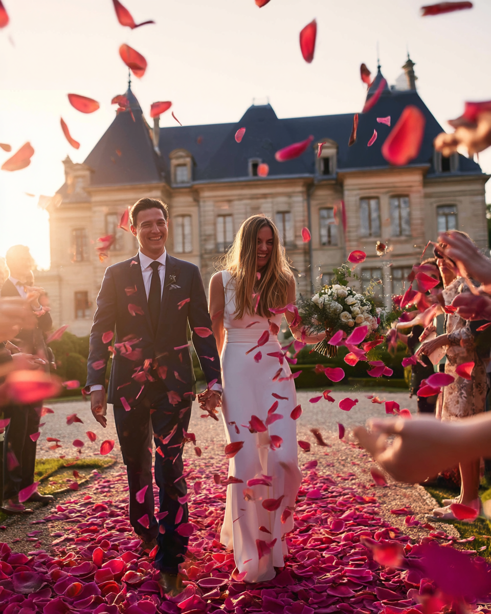 Mariés sous une pluie de pétales de rose magenta au soleil couchant devant un château | The Originea