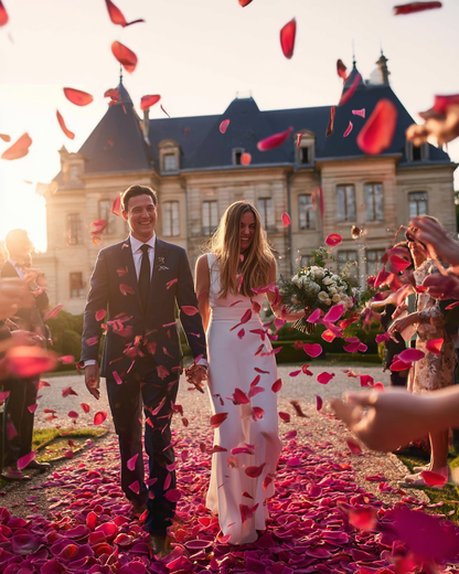 Mariés sous une pluie de pétales de rose magenta au soleil couchant devant un château | The Originea