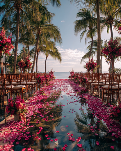 Allée de cérémonie de mariage tropical décorée de pétales de rose rose pourpre — palmiers et compositions florales