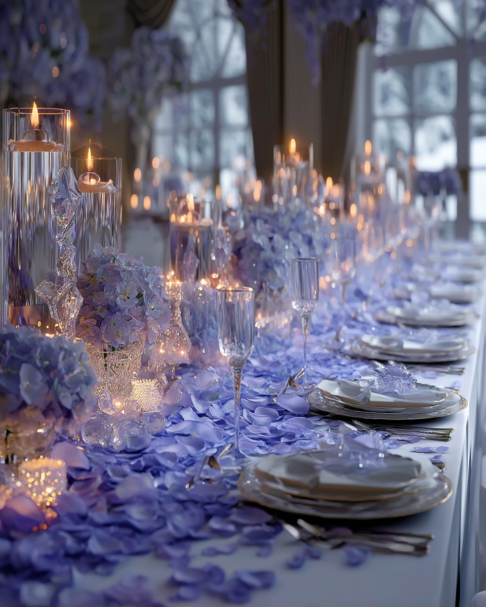 Table de mariage hivernal décorée de pétales de rose lilas — bougies en cristal et vaisselle dorée