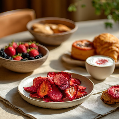 Fraises séchées sur table de brunch élégante avec fruits rouges et viennoiseries — en-cas gourmand naturel | The Originea