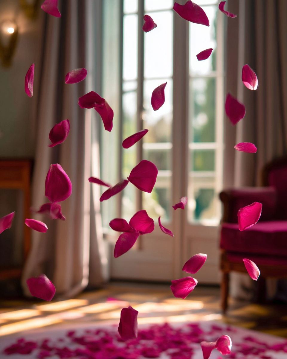 Pétales de rose magenta tombant dans une chambre de château lumineuse — décoration romantique | The Originea