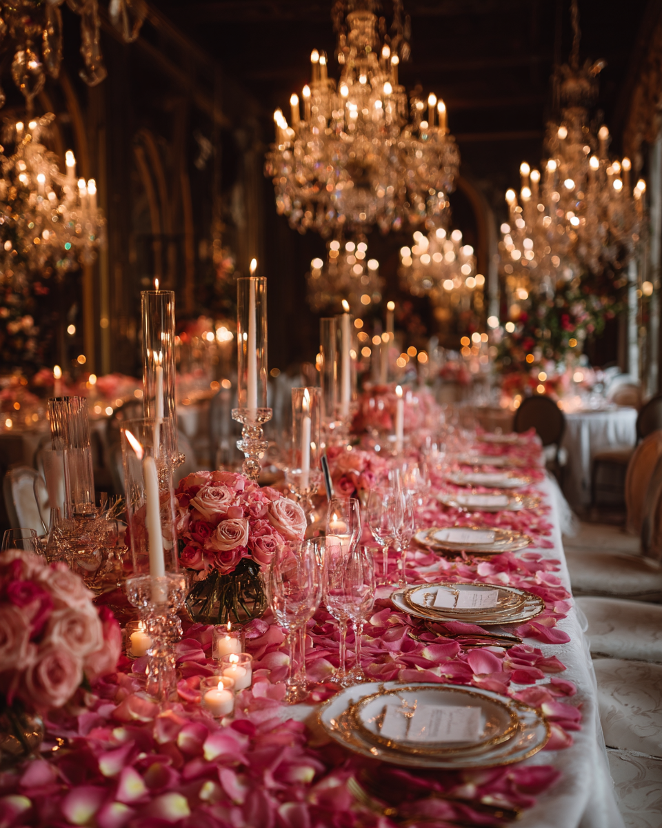 Réception de mariage de château décorée de pétales de rose rose pourpre — table élégante et chandeliers
