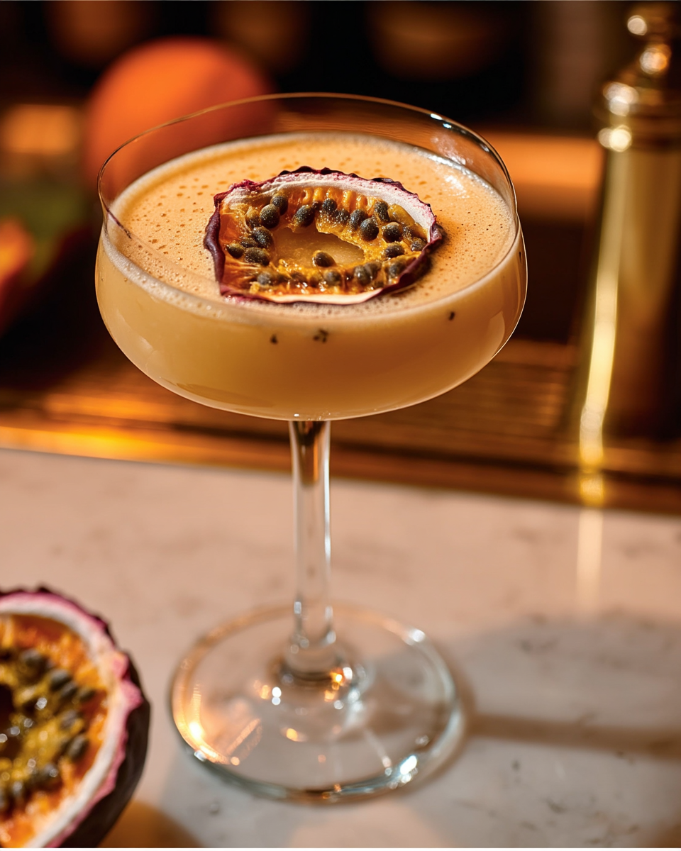Cocktail rouge signature garni d'une tranche de fruit de la passion séché | The Originea
