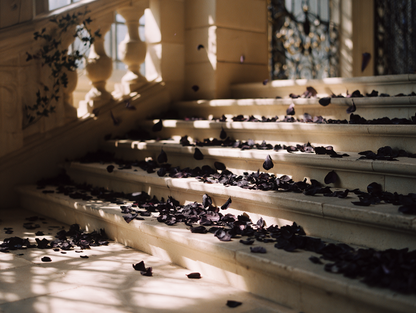 Pétales de rose noir éparpillés sur un escalier de château en pierre — confettis mariage élégants | The Originea