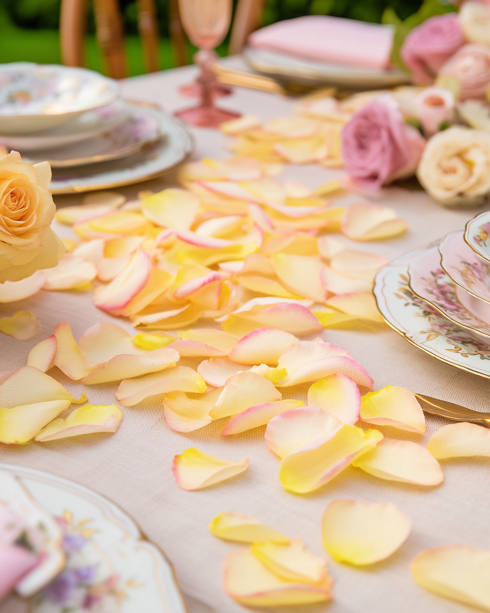 Chemin de pétales de rose jaune-rose sur table de mariage avec roses pêche et vaisselle florale | The Originea