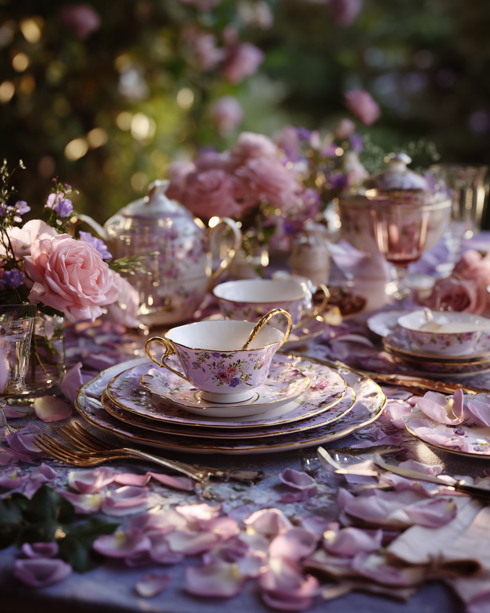 Garden party décorée de pétales de rose lavande — service à thé en porcelaine et roses au jardin