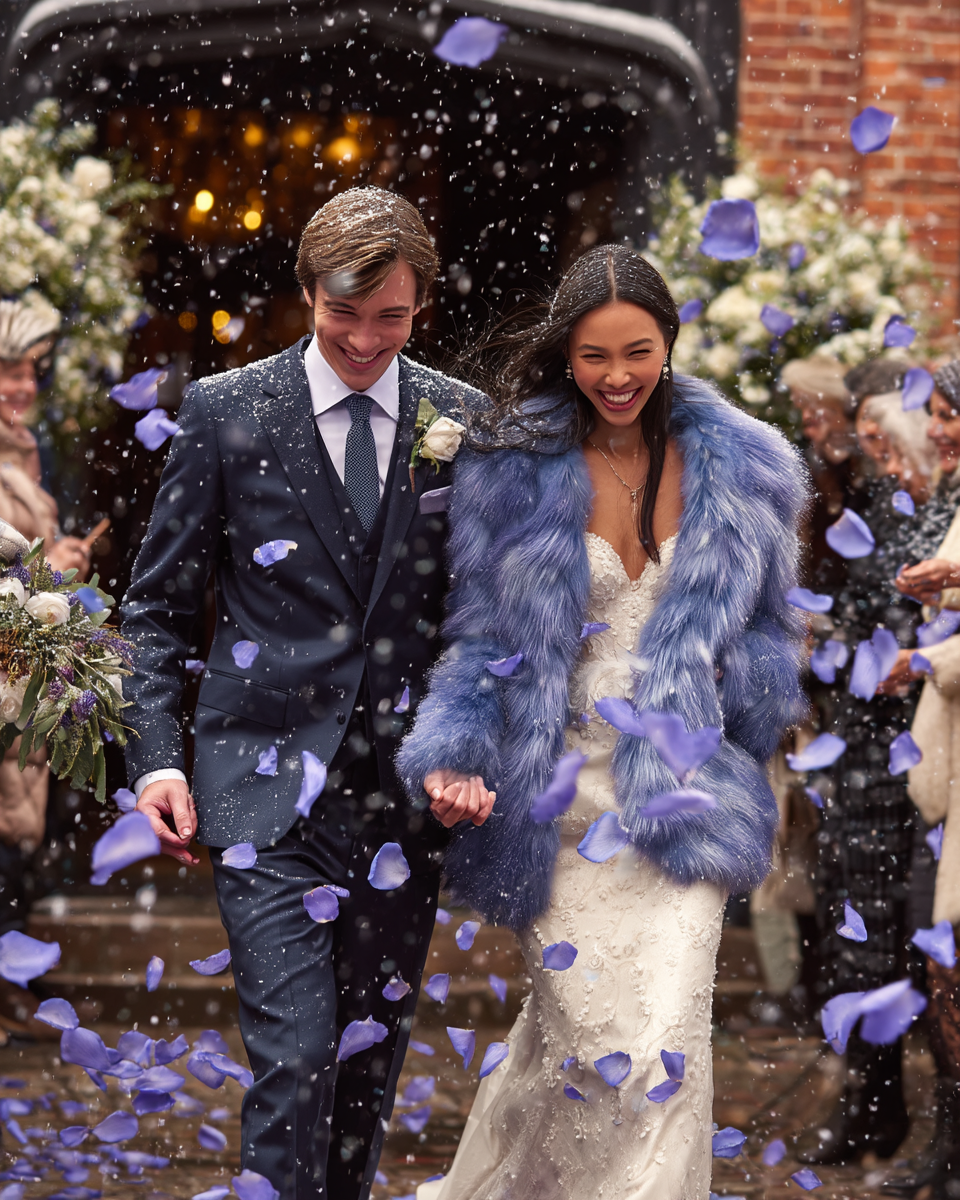 Sortie d'église sous une pluie de pétales de rose lilas — mariés en hiver, mariée en manteau de fourrure bleu