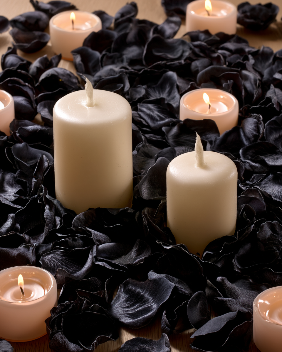Pétales de rose noir conservés avec bougies ivoire — décoration romantique chic | The Originea