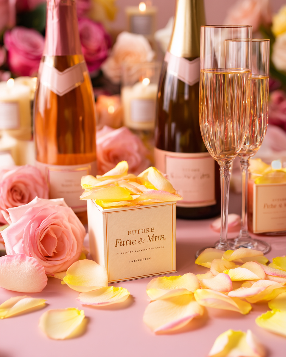 Coffret cadeau Future Mrs garni de pétales de rose jaune-rose avec champagne rosé — EVJF chic | The Originea