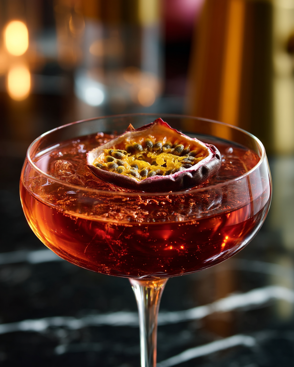 Présentation de cocktail et demi-fruits de la passion séchés sur socles de travertin — bar d'exception | The Originea