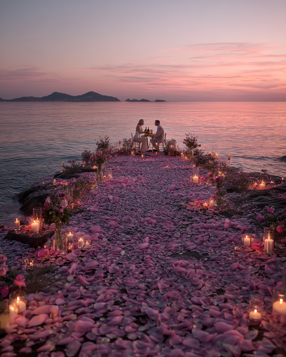 Demande en mariage au coucher du soleil — chemin de pétales de rose lavande et bougies