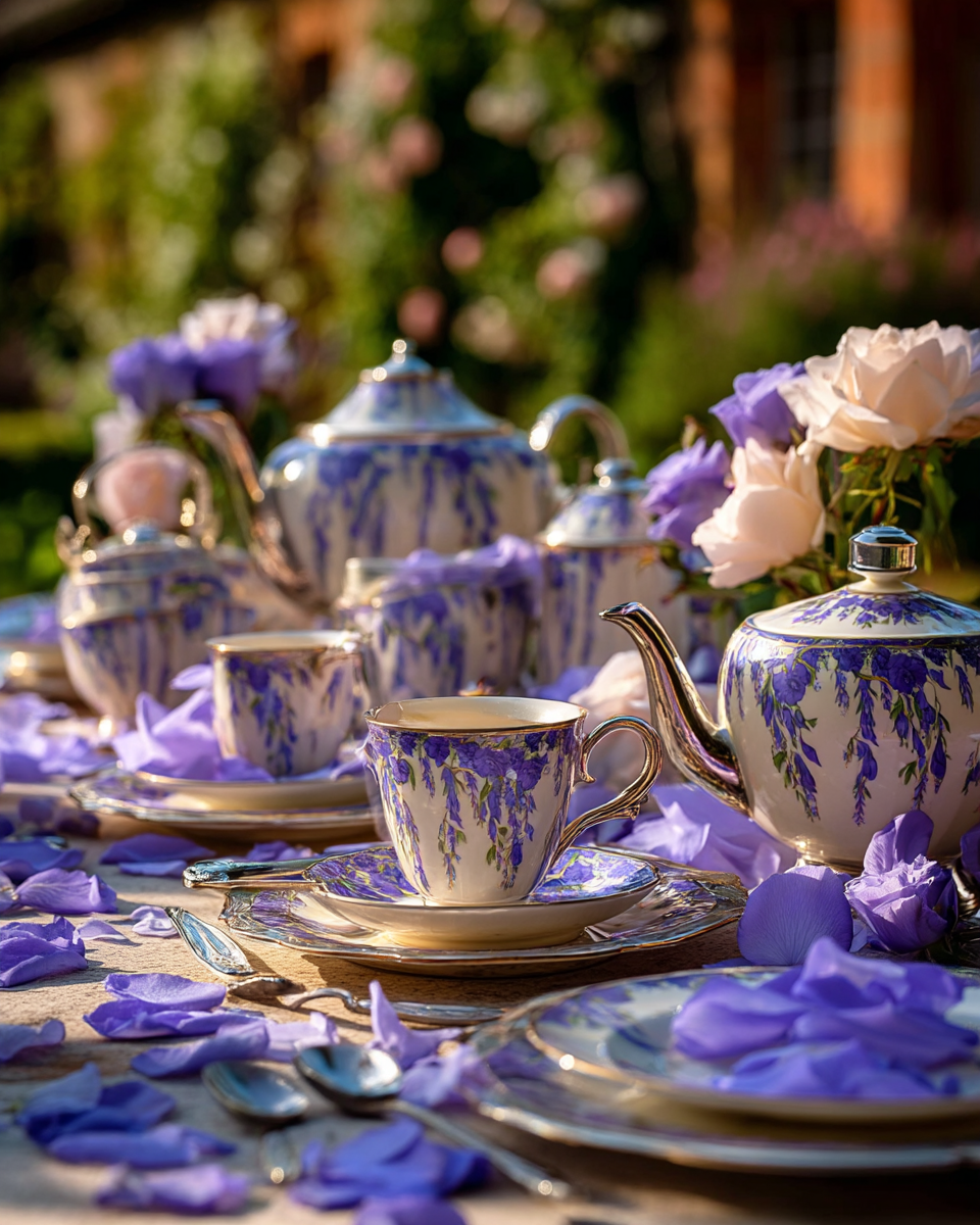 Garden tea party décorée de pétales de rose lilas — service à thé en porcelaine glycine et roses au jardin