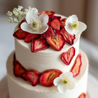 Gâteau de mariage à étages décoré de fraises séchées et fleurs blanches — wedding cake romantique | The Originea