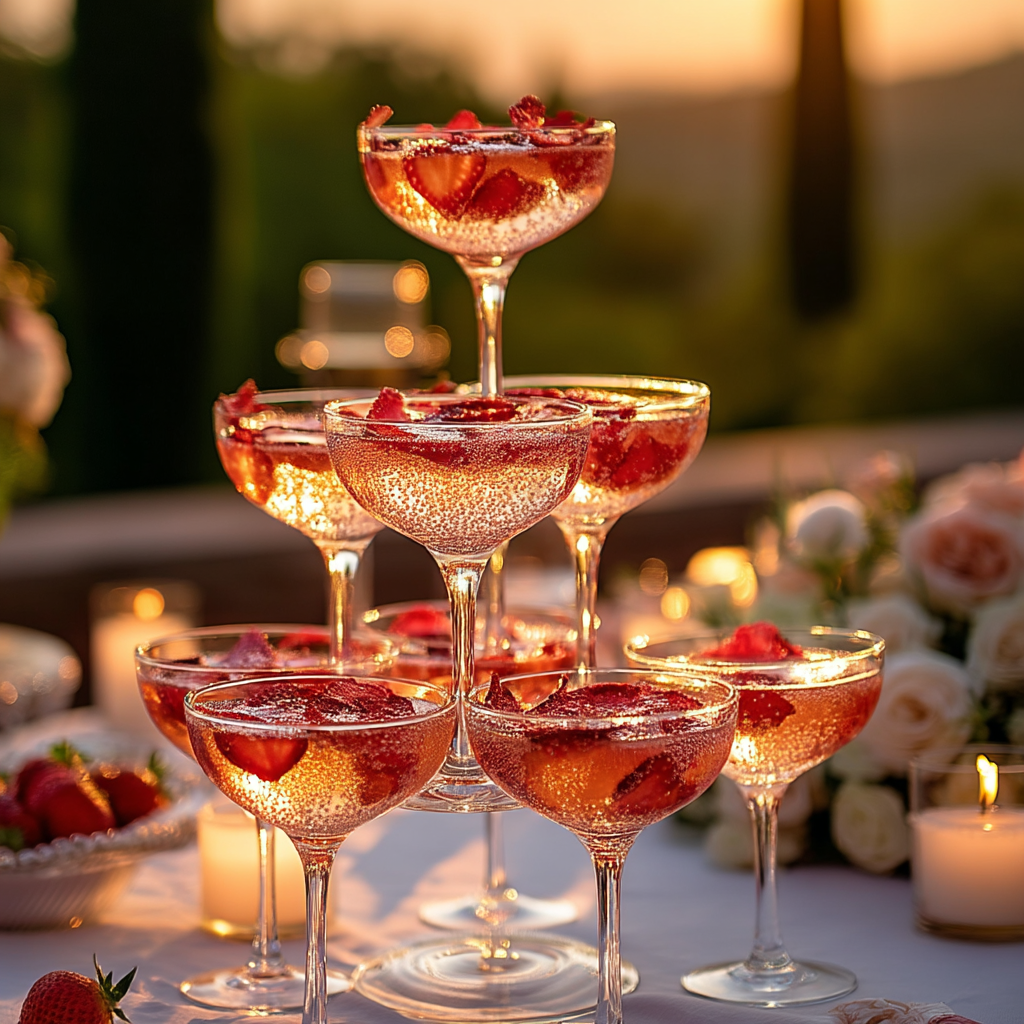 Tour de coupes de champagne garnies de fraises séchées — réception de mariage au coucher du soleil | The Originea